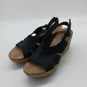 Clarks Collection Woman's 8.5 Black Open Toe Soft Cushion Cork Wedge Sandals